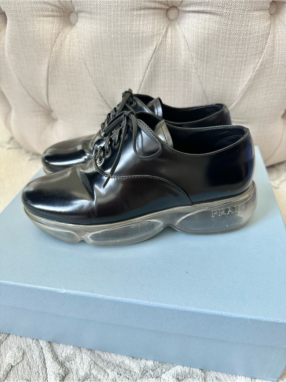 Prada Black Leather Derby Shoes with Transparent Bubble Sole